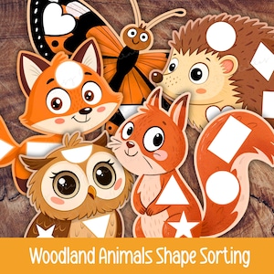 May include: A set of educational cutouts featuring a butterfly, fox, hedgehog, owl, and squirrel, each with white geometric shapes like circles, triangles, and stars. The text Woodland Animals Shape Sorting is printed at the bottom of the image.