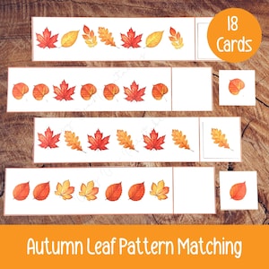 May include: Autumn Leaf Pattern Matching cards. The cards feature watercolour illustrations of autumn leaves in shades of red, orange, and yellow. The set includes 18 cards, with the text "18 Cards" in a circle.