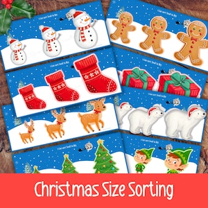 Op de afbeelding: Een verzameling kerstkaarten voor het sorteren op grootte. Elke kaart toont illustraties van sneeuwmannen, peperkoekenmannen, kerstsokken, ingepakte cadeaus, rendieren, ijsberen, kerstbomen en elfen. De tekst "Christmas Size Sorting" staat op een rode banner.