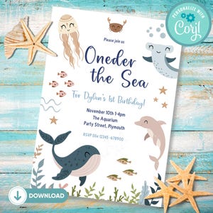 Under the Sea Birthday Invitation Printable, Oneder the Sea Editable Template, Ocean Animals Birthday Party Invitation, 1st Birthday Invite