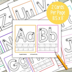 May include: Educational printable cards with the letters A and B, designed for tracing. The cards are on A4 paper, with the text "2 Cards Per Page 8.5 x 11". A pencil is placed on the corner of the cards.