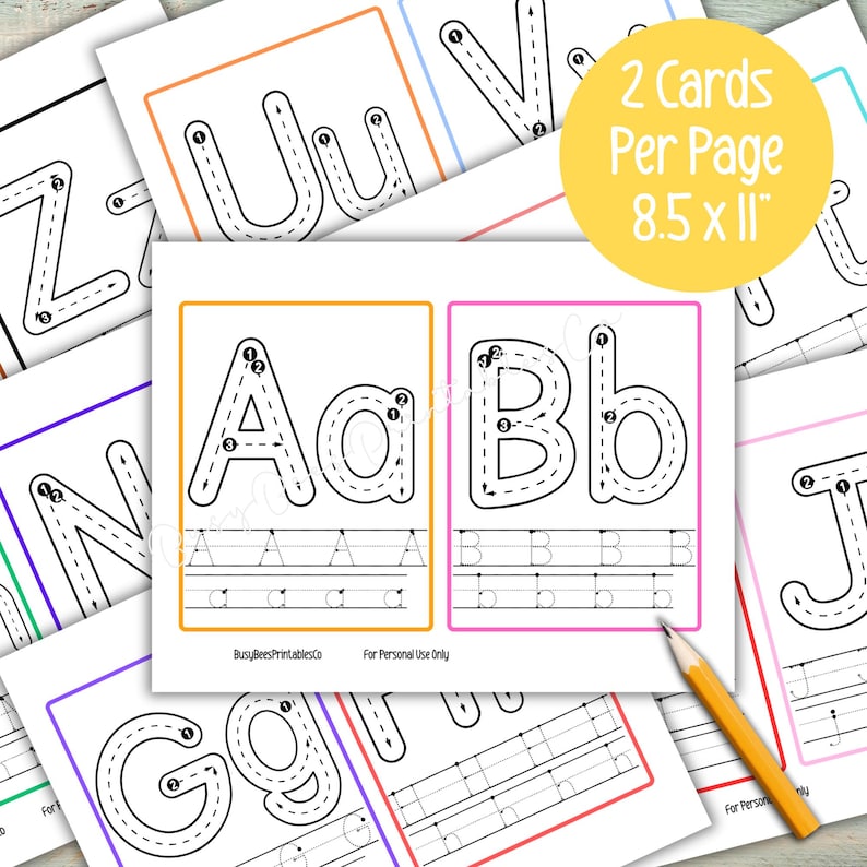 May include: Educational printable cards with the letters A and B, designed for tracing. The cards are on A4 paper, with the text "2 Cards Per Page 8.5 x 11". A pencil is placed on the corner of the cards.