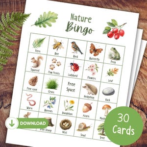 Natur Bingo druckbar, Natur Bingo Spiel, Natur Aktivität, Wald Party Spiel, Waldparty druckbar, 30 Karten