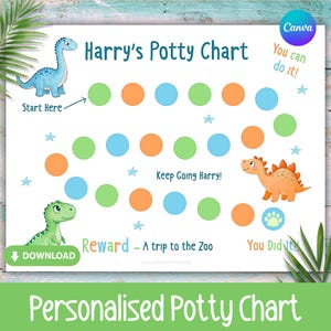 Peut inclure: Un tableau de propreté personnalisé avec le texte "Harry's Potty Chart" et des illustrations de dinosaures. Le tableau comporte des cercles verts, oranges et bleus pour suivre les progrès, avec les mots "Start Here", "Keep Going Harry!" et "You Did It!" inclus.