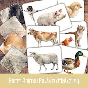 Actividad de emparejamiento de patrones de animales de granja, actividad de aprendizaje Montessori, imprimible para preescolar, educación en casa