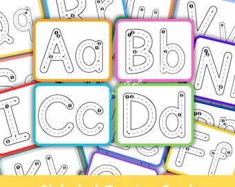 Cartes à tracer alphabet, calques imprimables, entraînement à l'écriture de lettres majuscules et minuscules pour le préscolaire et l'école à la maison