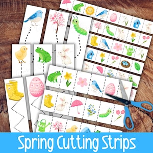 May include: A collection of spring-themed cutting strips featuring colorful illustrations of birds, flowers, eggs, and animals. The strips are designed with dotted lines for easy cutting practice. A pair of blue scissors is included.