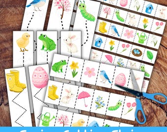 Frühling Schneidestreifen für die Vorschule, druckbare Schneideaktivität für Kleinkinder, Feinmotorik für Kinder