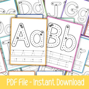May include: White printable alphabet tracing worksheets with dotted lines for letter formation practice. The worksheets feature uppercase and lowercase letters, with directional arrows and numbers. The image includes the text "PDF File - Instant Download".