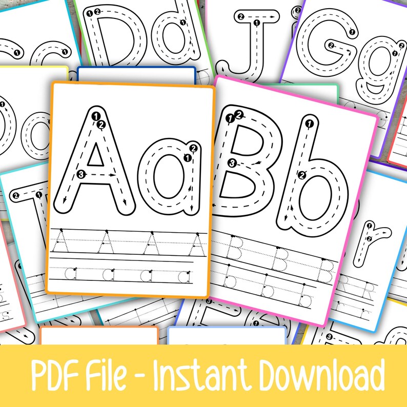 May include: White printable alphabet tracing worksheets with dotted lines for letter formation practice. The worksheets feature uppercase and lowercase letters, with directional arrows and numbers. The image includes the text "PDF File - Instant Download".