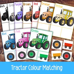 Peut inclure: Ensemble de cartes flash sur le thème des tracteurs pour l'association des couleurs. Chaque carte présente un tracteur de couleur différente : noir, gris, violet, marron, rouge, orange, jaune, bleu, rose et vert. Des roues et des remorques assorties sont également présentées.