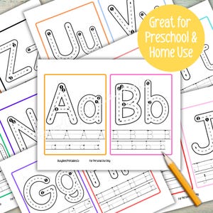 May include: Educational tracing worksheets for the alphabet, suitable for preschool and home use. The image shows the letters A and B, with tracing guides and a yellow pencil. The text on the image says 'Great for Preschool & Home Use'.