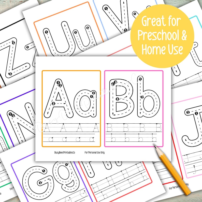 May include: Educational tracing worksheets for the alphabet, suitable for preschool and home use. The image shows the letters A and B, with tracing guides and a yellow pencil. The text on the image says 'Great for Preschool & Home Use'.