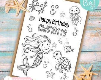 Mermaid Birthday Coloring Card, Personalised Mermaid Birthday Card, Mermaid Colouring Card Printable