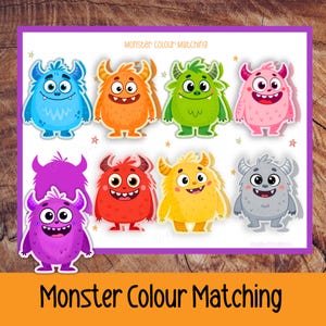 Puede incluir: Una hoja de actividades imprimible titulada Monster Colour Matching con ocho monstruos de dibujos animados en azul, naranja, verde, rosa, morado, rojo, amarillo y gris. La hoja incluye iconos de estrellas y un borde morado sobre fondo blanco.