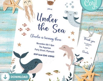 Editable Sea Animals Birthday Invitation Template, Under The Sea Birthday Invitation, Ocean Animals Theme Party, Under The Sea Thank You Tag