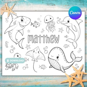 Personalized Under the Sea Coloring Placemat for Kids Birthday Party, Printable Ocean Party Activity, Classroom Printable, Instant Download