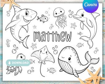 Personalized Under the Sea Coloring Placemat for Kids Birthday Party, Printable Ocean Party Activity, Classroom Printable, Instant Download