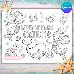 May include: Black and white illustration featuring mermaids, a whale, a turtle, a crab, a fish, a jellyfish, and bubbles. The text "happy birthday Charlotte" is displayed in the center. The image has a download button.