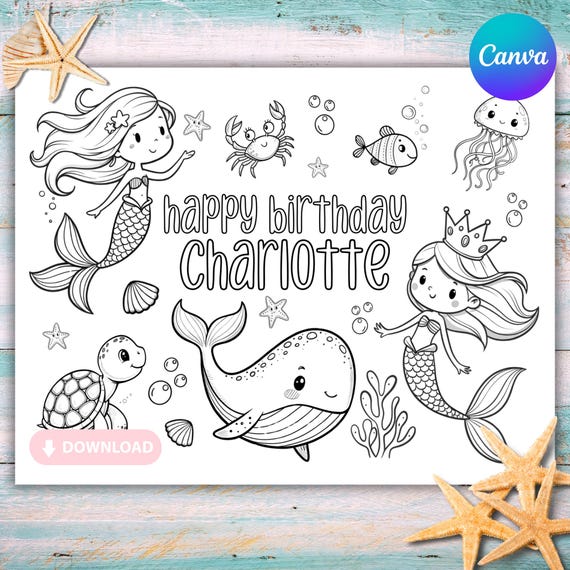 Personalised Mermaid Colouring Page, Editable Mermaid Colouring Placemat, Printable Mermaid Party Activity, Under The Sea Birthday Party