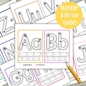 May include: White paper sheets with black outlined uppercase and lowercase letters, featuring dotted lines for tracing. The sheets include the text "Number & Arrow Guides" and "BusyBeesPrintablesCo For Personal Use Only". A yellow pencil rests on the sheets.