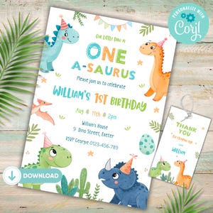 Dinosaur 1st Birthday Invitation, Dinosaur Invitation Template, One-A-Saurus Invitation, Boy 1st Birthday Invitation, Dinosaur Thank You Tag