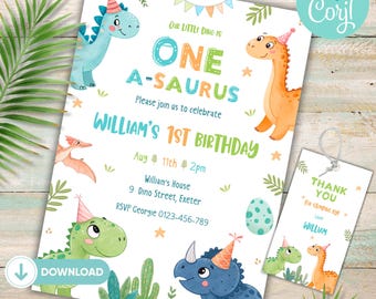 Dinosaur 1st Birthday Invitation, Dinosaur Invitation Template, One-A-Saurus Invitation, Boy 1st Birthday Invitation, Dinosaur Thank You Tag