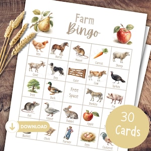 Farm Bingo Printable, Farm Bingo Cards, Farm Party Game for Kids, Farm Animal Printable, 30 Cards