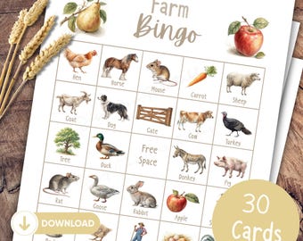 Farm Bingo Printable, Farm Bingo Cards, Farm Party Game for Kids, Farm Animal Printable, 30 Cards