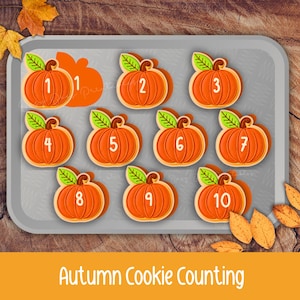 May include: A grey rectangular tray featuring ten orange pumpkin-shaped cookies, each decorated with a green leaf and a white number from one to ten. The cookies are arranged in rows on the tray, with a solid orange pumpkin shape next to the number one.