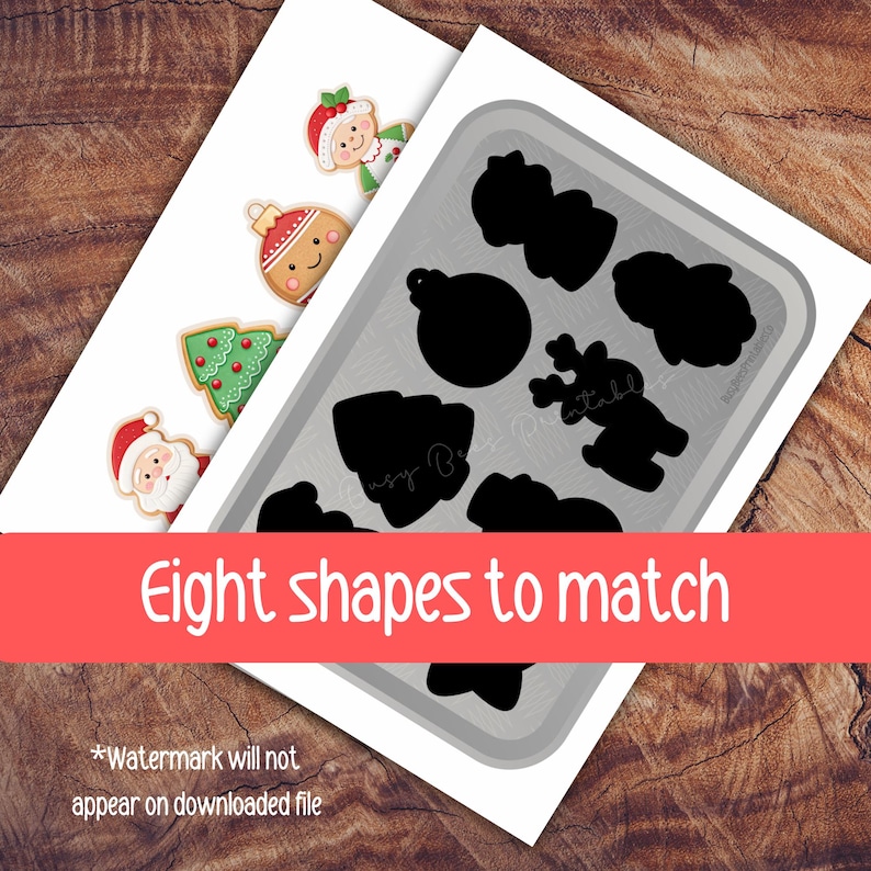 May include: A Christmas matching game featuring eight black shapes to match. The shapes are in a baking tray, with matching images on a separate sheet. The text "Eight shapes to match" is displayed on a red banner.
