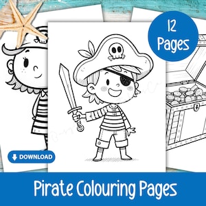 May include: Black and white line art of pirate-themed colouring pages. The pages feature a cartoon pirate with a sword, a treasure chest, and a pirate girl. The text "Pirate Colouring Pages" is at the bottom.