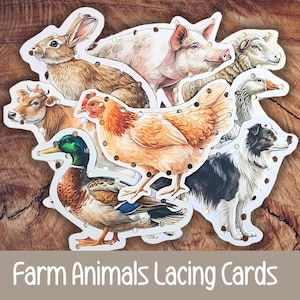 Farm Animals Lacing Cards for Toddlers & Preschoolers, Printable Fine Motor Activity, Farm-Themed Printable, Set of 8 Cards