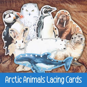 Arctic Animals Lacing Cards for Toddlers & Preschoolers, Printable Winter Activity, Fine Motor Skills, Set of 8 Cards