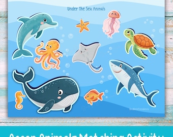 海の動物マッチングゲーム、幼児向け海中アクティビティ、幼稚園児向け印刷物、ホームスクール学習