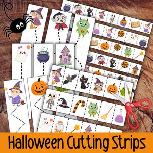 Può includere: Strisce da taglio a tema Halloween con illustrazioni di streghe, vampiri, mostri e zucche. Le strisce presentano anche fantasmi, calderoni e altre immagini spettrali. È inclusa un paio di forbici rosse.