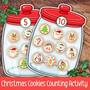 May include: Christmas-themed counting activity featuring two glass jars with red lids. One jar has a "5" label, the other a "10". Each jar contains illustrated cookies with festive designs like Santa, reindeer, and snowmen. The text at the bottom reads "Christmas Cookies Counting Activity".