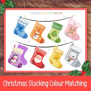May include: An illustration of eight Christmas stockings in various colours and designs, including a snowman, a Christmas tree, and a reindeer, hanging on a string. The text "Christmas Stocking Colour Matching" is displayed. The image is festive and colourful.