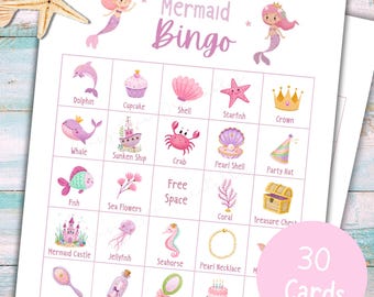 Mermaid Bingo Cards, Mermaid Birthday Party Activity for Kids, Instant Download, 30 Card Set