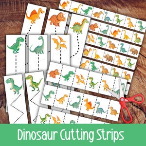 May include: A collection of white paper strips featuring dinosaur illustrations in orange, green, and brown, with dotted lines for cutting. The image includes a pair of red scissors and the text "Dinosaur Cutting Strips".