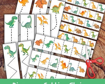 Dinosaurier-Schneidestreifen, druckbare Schneideaktivität für Vorschulkinder, Feinmotorik für Kinder