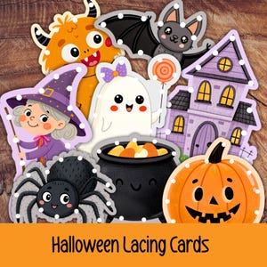 May include: A set of Halloween lacing cards featuring a orange monster, a black bat, a purple witch, a white ghost holding a lollipop, a haunted house, a black spider, a black cauldron with orange contents, and an orange jack-o'-lantern.