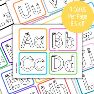 Puede incluir: Tarjetas blancas con bordes coloridos que presentan las letras may&uacute;sculas y min&uacute;sculas A, B, C y D, con l&iacute;neas punteadas para trazar. El texto "4 Cards Per Page 8.5 x 11" est&aacute; en un c&iacute;rculo amarillo.