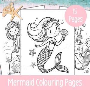 Dibujos de sirenas para colorear para niños, lindas hojas para colorear de cumpleaños de sirena, actividad para fiesta submarina, descarga instantánea