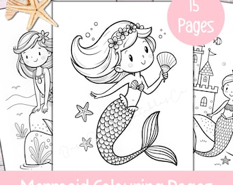 Mermaid Coloring Pages for Kids, Cute Mermaid Birthday Party Coloring Sheets, Under The Sea Party Activity, Instant Download