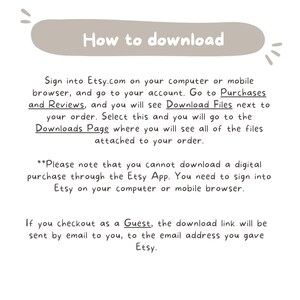 May include: A white text box with black text explaining how to download digital purchases from Etsy.com. The text explains that you can download files from your Purchases and Reviews page. It also notes that you cannot download digital purchases through the Etsy app.