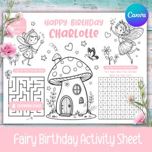Könnte beinhalten: Ein rosa-weißes Aktivitätsblatt zum Geburtstag mit Feen-Motiv und dem Text "Happy Birthday Charlotte". Enthält ein Labyrinth, eine Wortsuche und Illustrationen von Feen, einem Pilzhaus und Sternen. Der Text "Fairy Birthday Activity Sheet" steht unten.