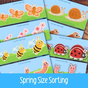 May include: A collection of educational cards for children, featuring colorful illustrations of insects, flowers, and other spring-themed elements. Each card displays a sequence of objects from small to big, with the text "I Can Sort Small To Big" and "Spring Size Sorting".