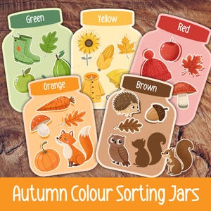 May include: Colorful autumn-themed sorting jars with labels in green, yellow, red, orange, and brown. Each jar features illustrations of seasonal items like leaves, fruits, vegetables, and animals. The text "Autumn Colour Sorting Jars" is at the bottom.