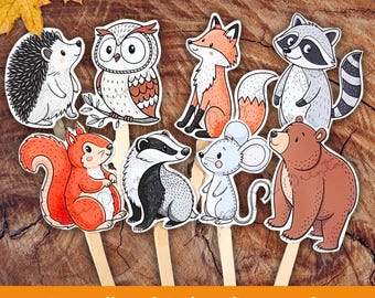 Conjunto de fantoches de animais da floresta para crianças, fantoches de animais de outono para impressão, para brincadeiras imaginativas e criativas